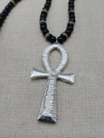 Silver Ankh Pendant Necklace Beaded Black Yellow Green Jamaica Inspired Egyptian Statement