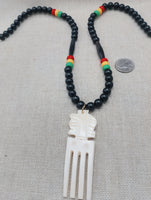 Men's African Necklace Rasta Ghana Beaded Jewelry Duafe Adinkra Black Handmade
