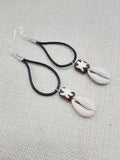 Women Earrings Long Dangle Black Leather Brown Bead Cowrie Jewelry