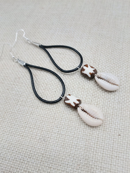 Women Earrings Long Dangle Black Leather Brown Bead Cowrie Jewelry