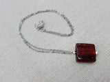 Women Necklace Long Stainless Steel Chain Amber Red Glass Square Jewelry