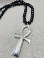 Silver Ankh Wire Wrapped Large Men Necklace Jewelry Black Beaded Statement