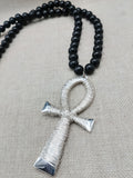 Silver Ankh Wire Wrapped Large Men Necklace Jewelry Black Beaded Statement