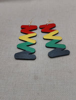 Wooden Rasta Earrings Large Zigzag Red Yellow Green Black Jewelry Handmade Hand Painted