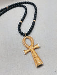 Gold Tone Ankh Necklace Men Jewelry Wire Wrapped Beaded Black Large Gift Idea