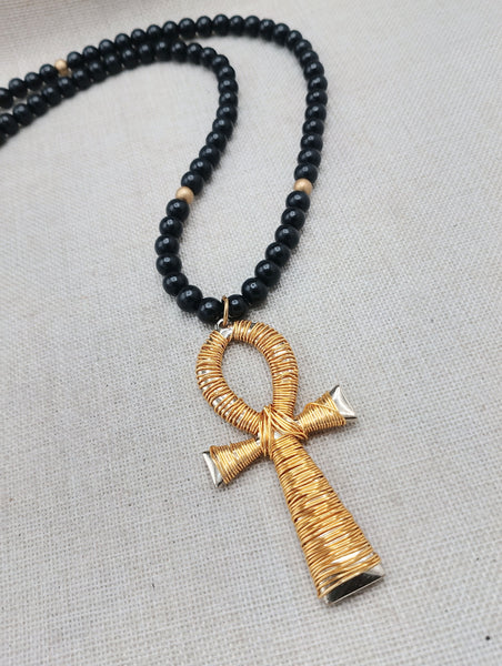 Gold Tone Ankh Necklace Men Jewelry Wire Wrapped Beaded Black Large Gift Idea
