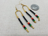 Afrocentric Earrings Pan African Jewelry Gold Tone Beaded Dangle  Red Black Green Women