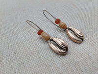 Cowrie Earrings Antique Gold Beaded Brown Long Women Jewelry