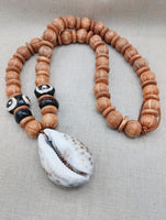 Large Cowrie Shell Necklace Wooden Carved Beaded Jewelry Men Beach Boho