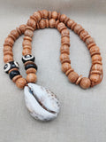 Large Cowrie Shell Necklace Wooden Carved Beaded Jewelry Men Beach Boho