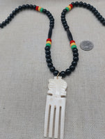 Men's African Necklace Rasta Ghana Beaded Jewelry Duafe Adinkra Black Handmade