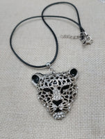 Silver Tone Leopard Jaguar  Necklace Black Cord Jewelry