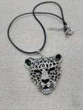 Silver Tone Leopard Jaguar  Necklace Black Cord Jewelry