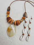 Women Necklace Set Glass Brown Pendant Leather Jewelry Set Earrings Cowrie Ethnic Danlge