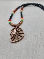 Wooden Lion Necklace Beaded Men Rasta Ghana Unisex Red Black Green Yellow Handmade