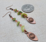 Women Earring Copper Green Stone Beaded Jewelry Handmade Long Dangle