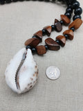 Men Necklace Large Cowrie Shell Beaded Black Wooden Jewelry Ethnic Handmade Statement