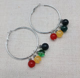 Women Silver Hoop Earrings Round Rasta Beaded Jewelry Red Yellow Green Black