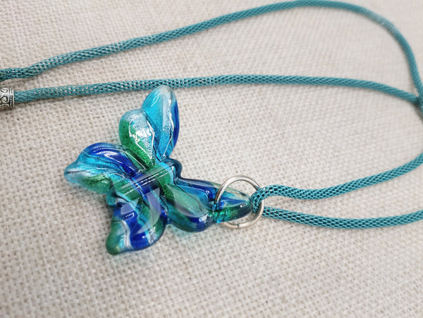 Women's Blue Murano Glass Pendant Green Butterfly Necklace