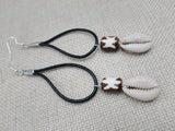 Women Earrings Long Dangle Black Leather Brown Bead Cowrie Jewelry