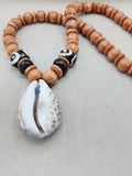 Large Cowrie Shell Necklace Wooden Carved Beaded Jewelry Men Beach Boho