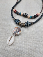 African Women Pendant Cowrie Shell Jewelry Leather Adjustable Tribal Beaded Ethnic