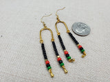 Afrocentric Earrings Pan African Jewelry Gold Tone Beaded Dangle  Red Black Green Women