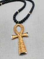 Gold Tone Ankh Necklace Men Jewelry Wire Wrapped Beaded Black Large Gift Idea