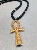 Gold Tone Ankh Necklace Men Jewelry Wire Wrapped Beaded Black Large Gift Idea