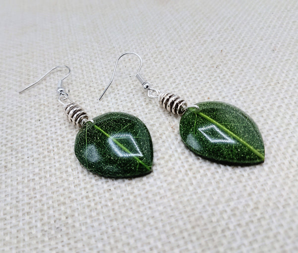 Women Earrings Fall Jewelry Leaves Green Silver Dangle Women