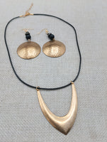 Women Jewelry Set Hammered Round Earrings Beaded V Shape Minimalist Bohemian Brass Gold Tone Necklace
