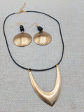 Women Jewelry Set Hammered Round Earrings Beaded V Shape Minimalist Bohemian Brass Gold Tone Necklace