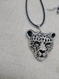 Silver Tone Leopard Jaguar  Necklace Black Cord Jewelry