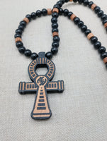 Wooden Ankh Necklace Beaded Black Brown Jewelry Gye Nyame African Egyptian