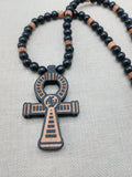 Wooden Ankh Necklace Beaded Black Brown Jewelry Gye Nyame African Egyptian