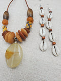 Women Necklace Set Glass Brown Pendant Leather Jewelry Set Earrings Cowrie Ethnic Danlge