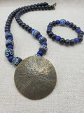 Round Antique Brass Pendant Black Blue Beads Jewelry Set Women Statement