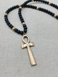 Gold Tone Ankh Pendant Black Beaded Necklace Unisex Jewelry Egyptian Ethnic