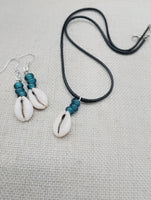 Cowrie Shell Jewelry Set Necklace Earrings Glass Teal Beaded Black Cord Women
