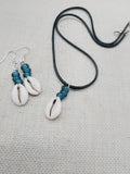 Cowrie Shell Jewelry Set Necklace Earrings Glass Teal Beaded Black Cord Women