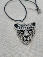 Silver Tone Leopard Jaguar  Necklace Black Cord Jewelry