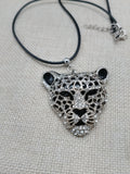 Silver Tone Leopard Jaguar  Necklace Black Cord Jewelry