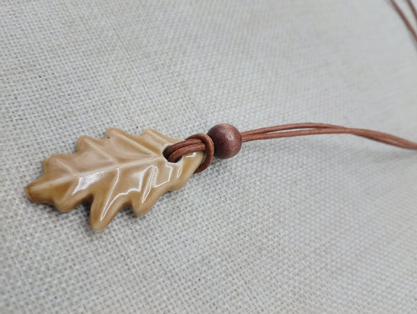 Women Oak Leaf Pendant Leather Cord Handmade Brown Jewelry