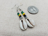 Small Women Jamaica Earrings Green Yellow Black Beaded Dangle Cowrie Jewelry