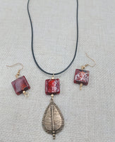 Antique Copper Teardrop Murano Glass Women Necklace Jewelry Set Earrings Amber Red