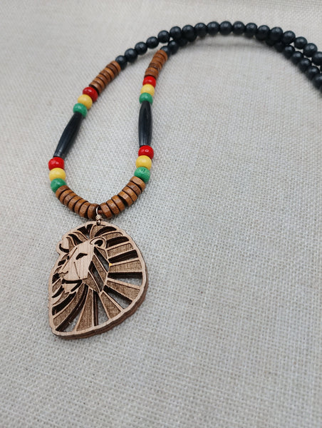 Wooden Lion Necklace Beaded Men Rasta Ghana Unisex Red Black Green Yellow Handmade