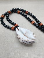 Men Necklace Cowrie Shell Jewelry Black Brown Wood Beaded Ethnic Handmade
