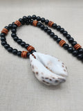 Men Necklace Cowrie Shell Jewelry Black Brown Wood Beaded Ethnic Handmade