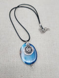 Blue Agate Stone Necklace Women Silver Pendant Black Cord Jewelry