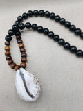 African Cowrie Shell Pendant Black Brown Beaded Jewelry Men Ethnic Gift Ideas